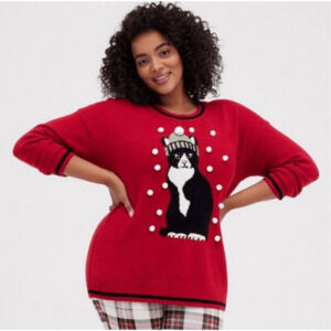 Torrid Womens 4X Christmas Holiday Cat 3D Snowball Crew Sweater Red